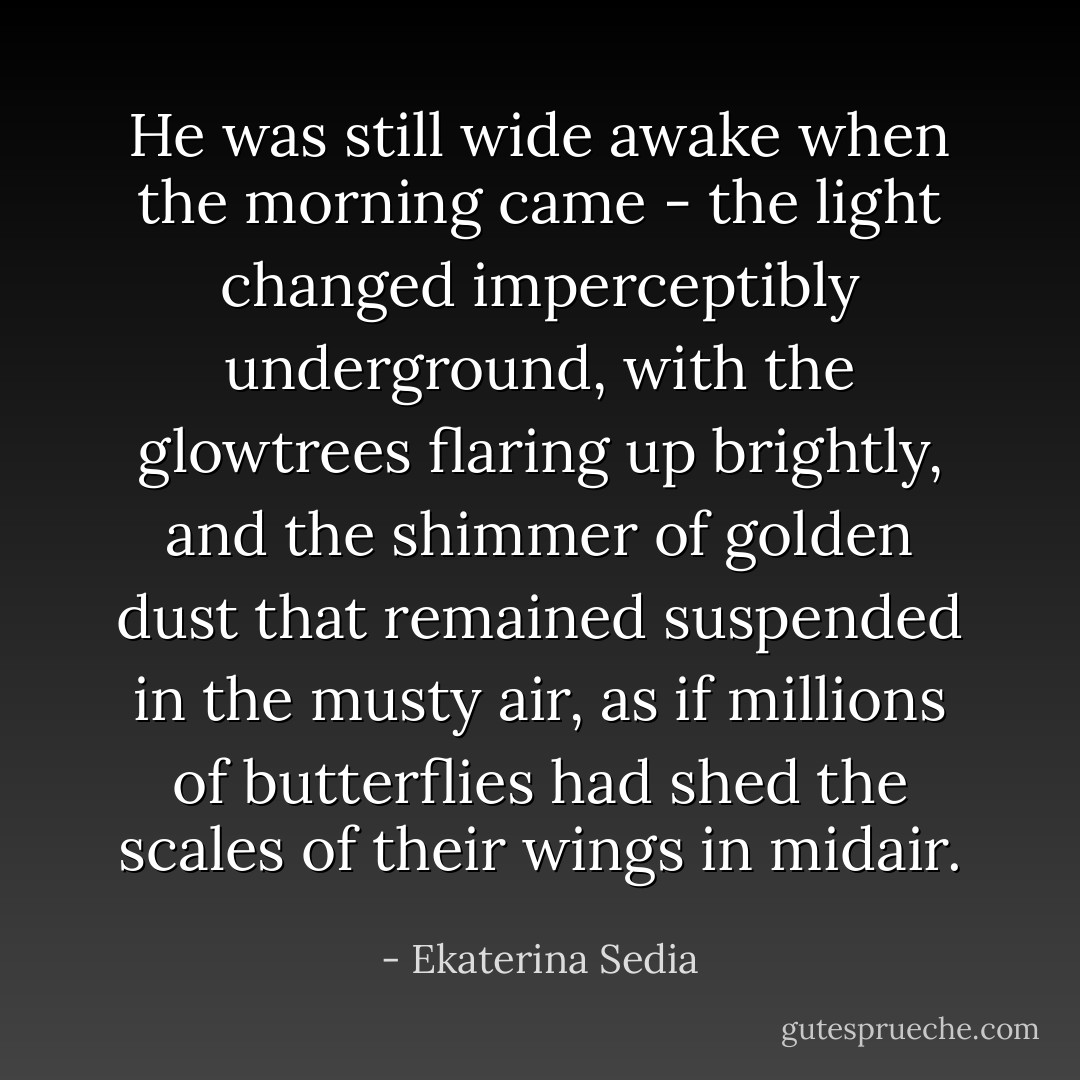 He was still wide awake when the morning came - the light changed imperceptibly underground, with the glowtrees flaring up brightly, and the shimmer of golden dust that remained suspended in the musty air, as if millions of butterflies had shed the scales of their wings in midair. - Ekaterina Sedia