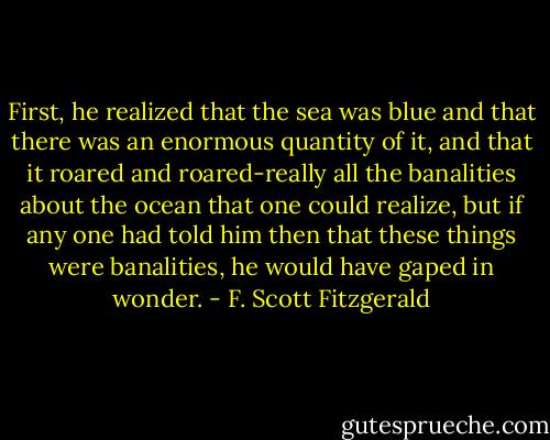 First, he realized that the sea was blue and that there was an enormous<br />quantity of it, and that it roared and roared-really all the banalities<br />about the ocean that one could realize, but if any one had told him then<br />that these things were banalities, he would have gaped in wonder. - F. Scott Fitzgerald