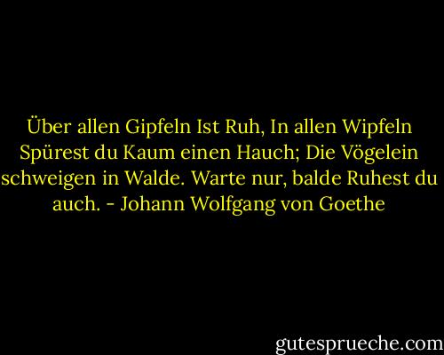 Über allen Gipfeln<br />Ist Ruh,<br />In allen Wipfeln<br />Spürest du<br />Kaum einen Hauch;<br />Die Vögelein schweigen in Walde.<br />Warte nur, balde<br />Ruhest du auch. - Johann Wolfgang von Goethe