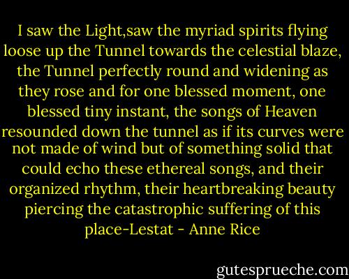 I saw the Light,saw the myriad spirits flying loose up the Tunnel towards the celestial blaze, the Tunnel perfectly round and widening as they rose and for one blessed moment, one blessed tiny instant, the songs of Heaven resounded down the tunnel as if its curves were not made of wind but of something solid that could echo these ethereal songs, and their organized rhythm, their heartbreaking beauty piercing the catastrophic suffering of this place-Lestat - Anne Rice