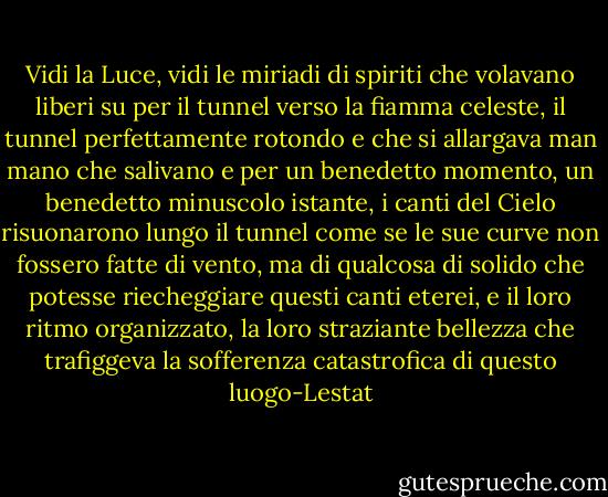 Vidi la Luce, vidi le miriadi di spiriti che volavano liberi su per il tunnel verso la fiamma celeste, il tunnel perfettamente rotondo e che si allargava man mano che salivano e per un benedetto momento, un benedetto minuscolo istante, i canti del Cielo risuonarono lungo il tunnel come se le sue curve non fossero fatte di vento, ma di qualcosa di solido che potesse riecheggiare questi canti eterei, e il loro ritmo organizzato, la loro straziante bellezza che trafiggeva la sofferenza catastrofica di questo luogo-Lestat - Anne Rice