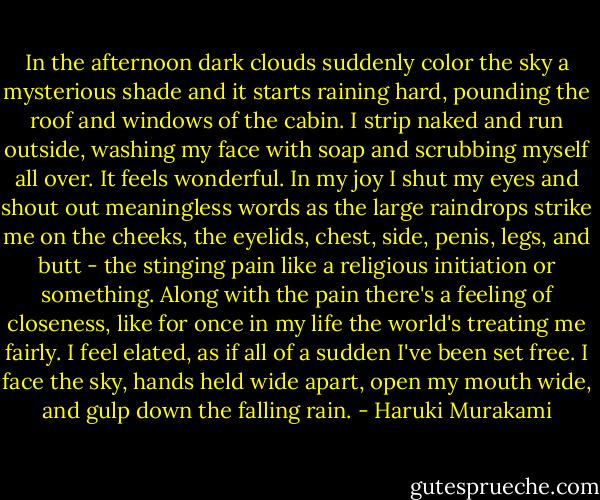 In the afternoon dark clouds suddenly color the sky a mysterious shade and it starts raining hard, pounding the roof and windows of the cabin. I strip naked and run outside, washing my face with soap and scrubbing myself all over. It feels wonderful. In my joy I shut my eyes and shout out meaningless words as the large raindrops strike me on the cheeks, the eyelids, chest, side, penis, legs, and butt - the stinging pain like a religious initiation or something. Along with the pain there's a feeling of closeness, like for once in my life the world's treating me fairly. I feel elated, as if all of a sudden I've been set free. I face the sky, hands held wide apart, open my mouth wide, and gulp down the falling rain. - Haruki Murakami