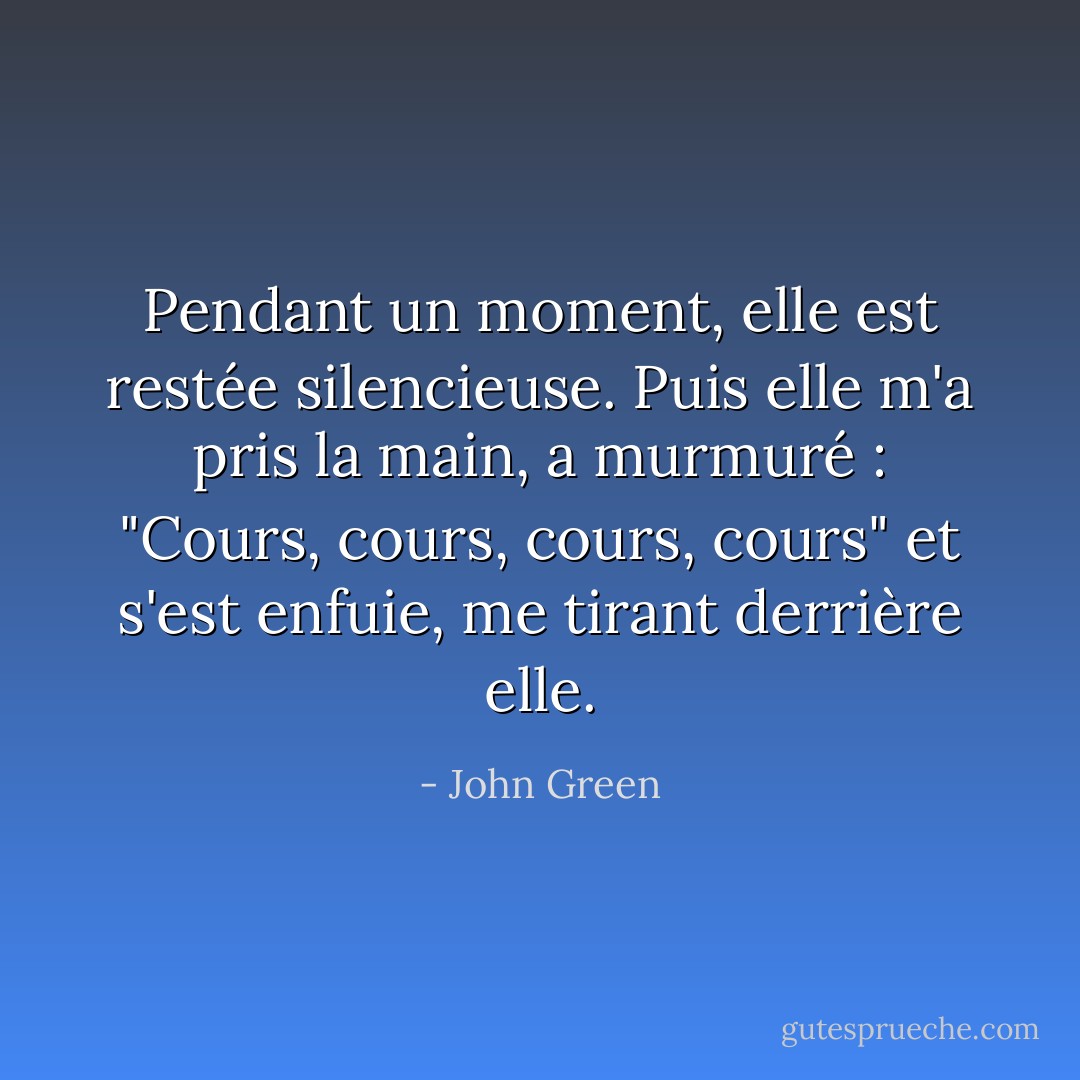 Pendant un moment, elle est restée silencieuse. Puis elle m'a pris la main, a murmuré : "Cours, cours, cours, cours" et s'est enfuie, me tirant derrière elle. - John Green