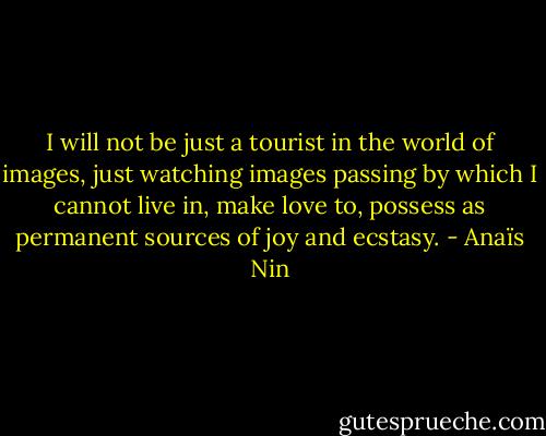 I will not be just a tourist in the world of images, just watching images passing by which I cannot live in, make love to, possess as permanent sources of joy and ecstasy. - Anaïs Nin