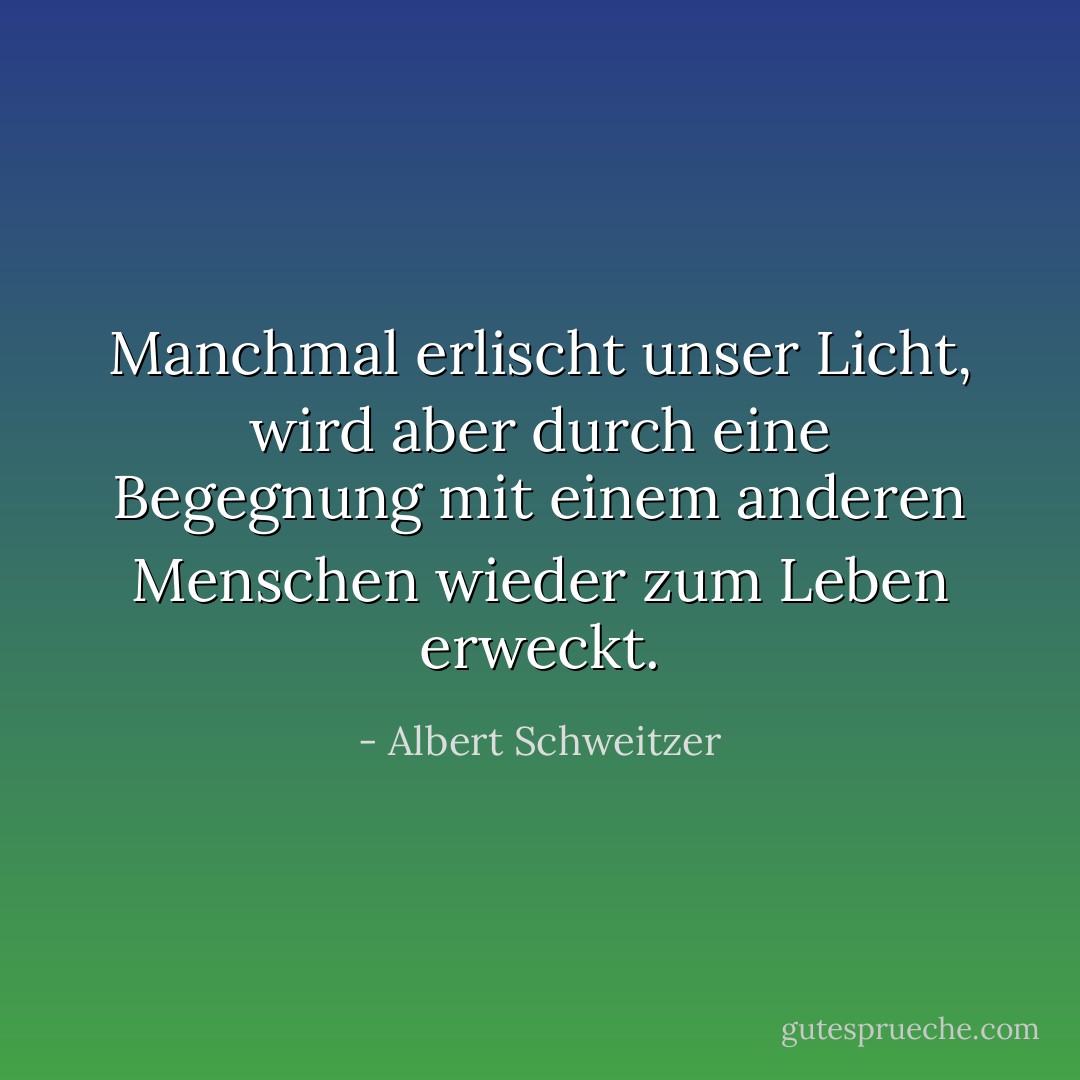 Manchmal erlischt unser Licht, wird aber durch eine Begegnung mit einem anderen Menschen wieder zum Leben erweckt. - Albert Schweitzer<