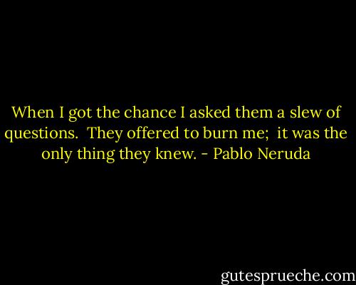When I got the chance<br />I asked them a slew of questions. <br />They offered to burn me; <br />it was the only thing they knew. - Pablo Neruda