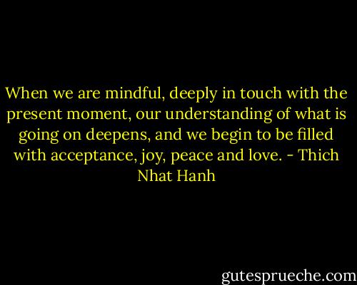 When we are mindful, deeply in touch with the present moment, our understanding of what is going on deepens, and we begin to be filled with acceptance, joy, peace and love. - Thich Nhat Hanh