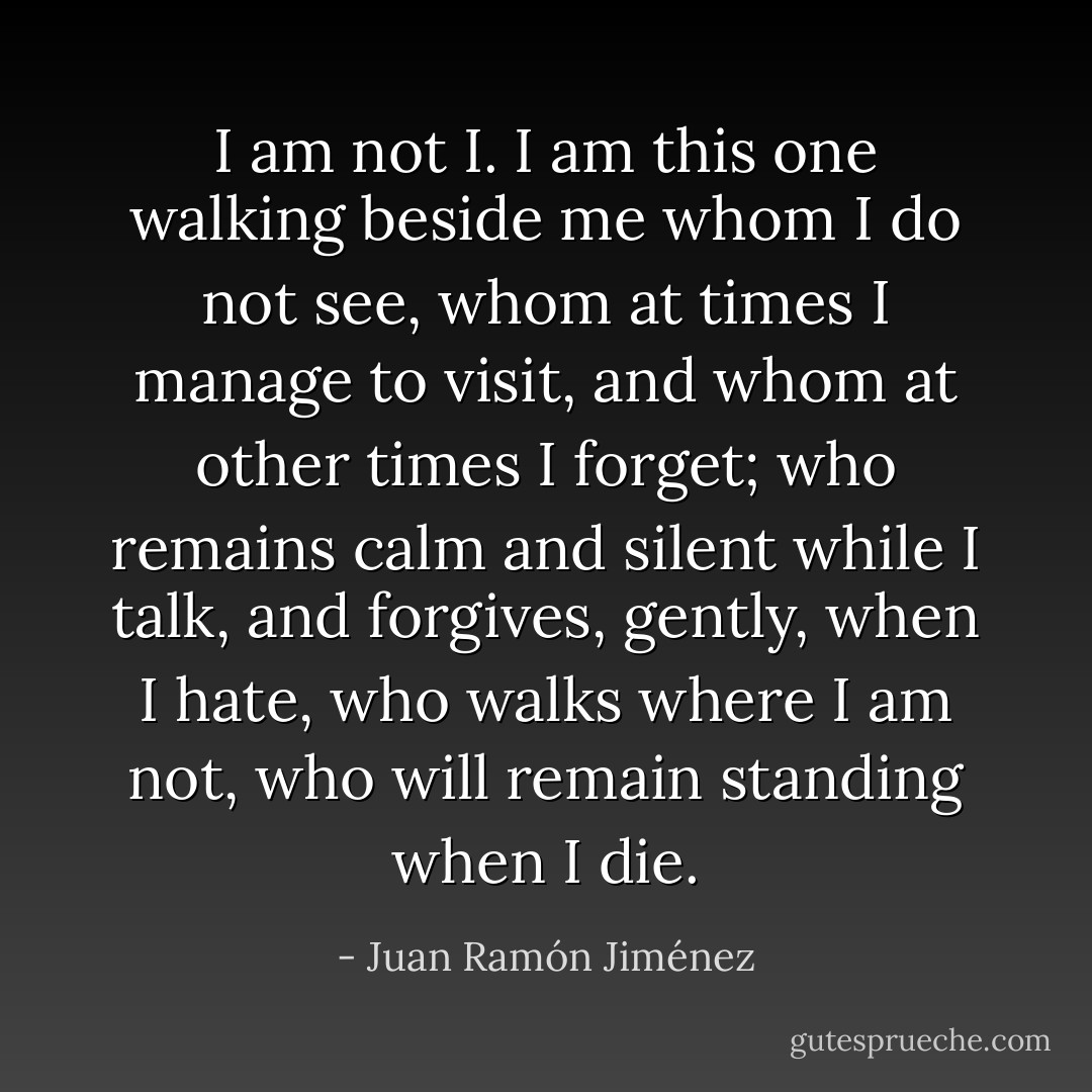 I am not I.<br />I am this one<br />walking beside me whom I do not see,<br />whom at times I manage to visit,<br />and whom at other times I forget;<br />who remains calm and silent while I talk,<br />and forgives, gently, when I hate,<br />who walks where I am not,<br />who will remain standing when I die. - Juan Ramón Jiménez