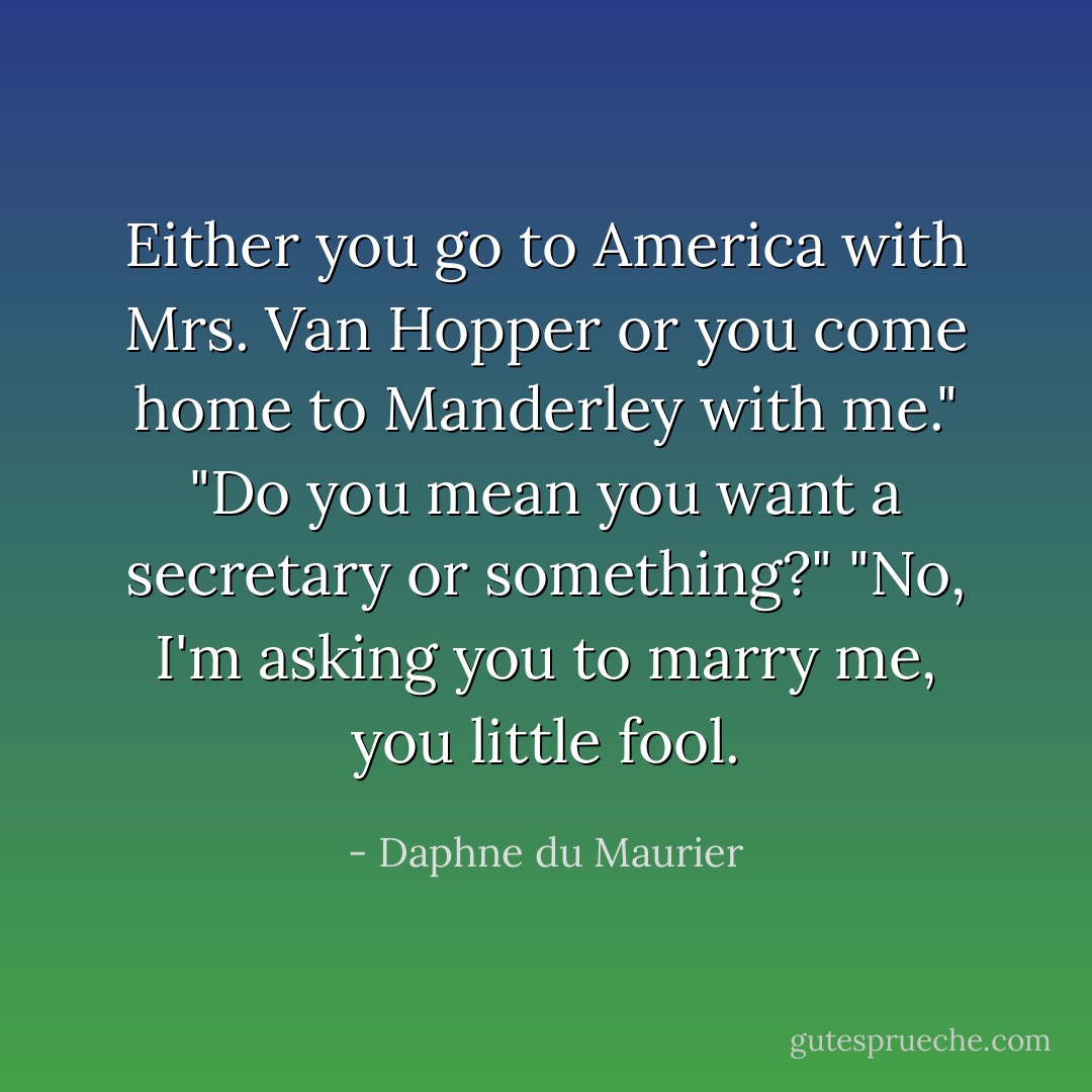 Either you go to America with Mrs. Van Hopper or you come home to Manderley with me."<br />"Do you mean you want a secretary or something?"<br />"No, I'm asking you to marry me, you little fool. - Daphne du Maurier