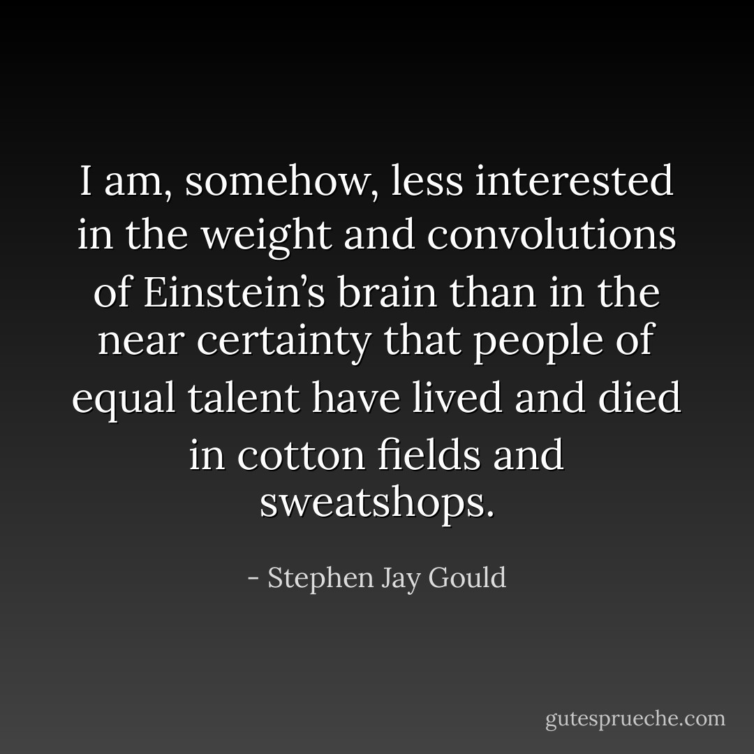 I am, somehow, less interested in the weight and convolutions of Einstein’s brain than in the near certainty that people of equal talent have lived and died in cotton fields and sweatshops. - Stephen Jay Gould