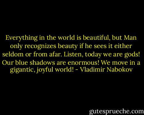 Everything in the world is beautiful, but Man only recognizes beauty if he sees it either seldom or from afar. Listen, today we are gods! Our blue shadows are enormous! We move in a gigantic, joyful world! - Vladimir Nabokov