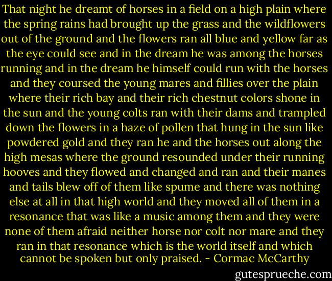 That night he dreamt of horses in a field on a high plain where the spring rains had brought up the grass and the wildflowers out of the ground and the flowers ran all blue and yellow far as the eye could see and in the dream he was among the horses running and in the dream he himself could run with the horses and they coursed the young mares and fillies over the plain where their rich bay and their rich chestnut colors shone in the sun and the young colts ran with their dams and trampled down the flowers in a haze of pollen that hung in the sun like powdered gold and they ran he and the horses out along the high mesas where the ground resounded under their running hooves and they flowed and changed and ran and their manes and tails blew off of them like spume and there was nothing else at all in that high world and they moved all of them in a resonance that was like a music among them and they were none of them afraid neither horse nor colt nor mare and they ran in that resonance which is the world itself and which cannot be spoken but only praised. - Cormac McCarthy